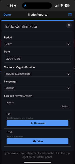 The trade confirmations page on the iPhone. 